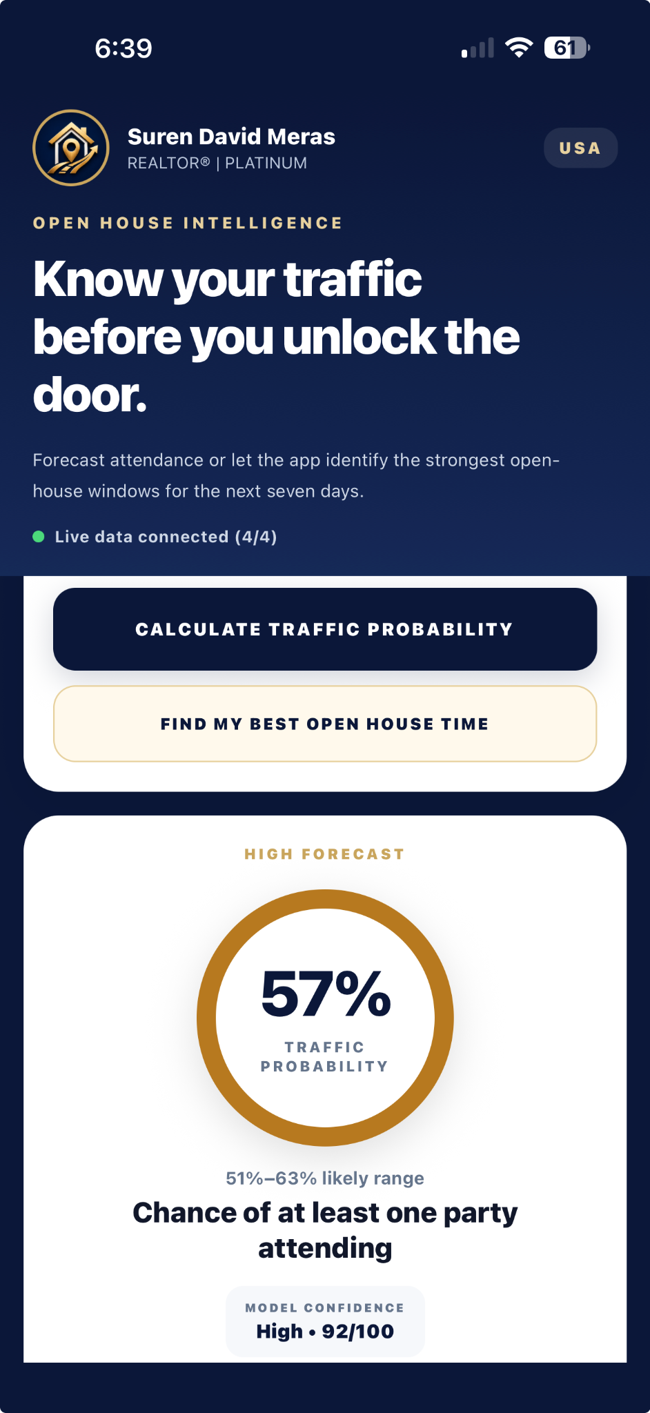Open House Intel forecast result showing an attendance probability and confidence score